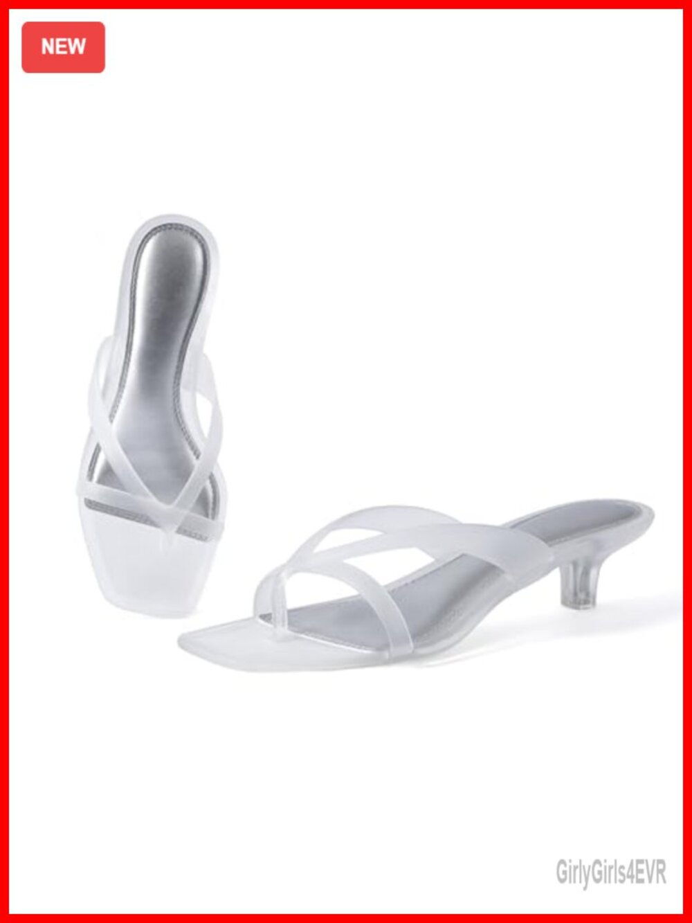 Women's Square Toe Thong Jelly Kitten Heels Waterproof PVC Clear Sandals Summer